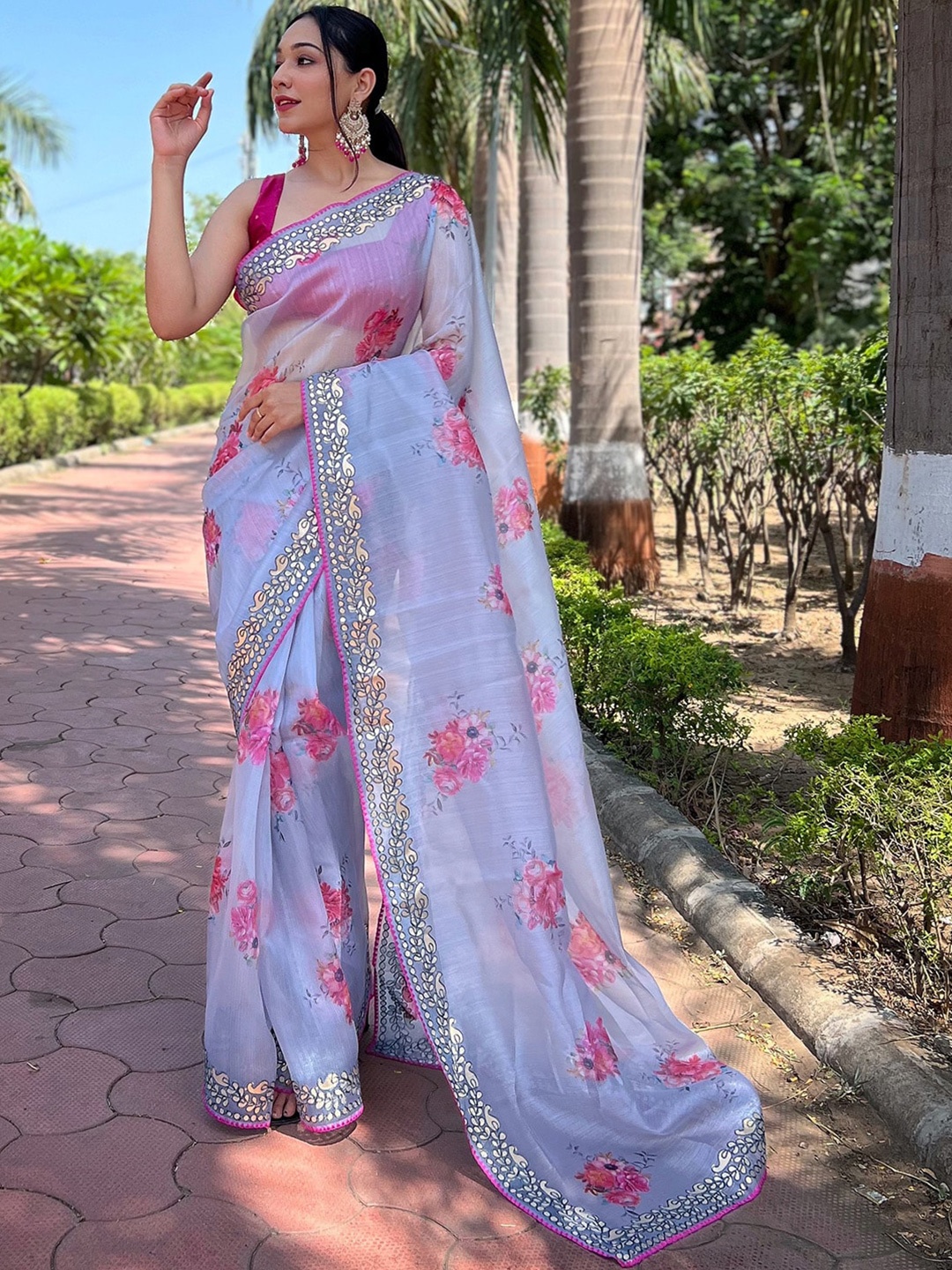 elora Floral Mukaish Organza Saree, Grey