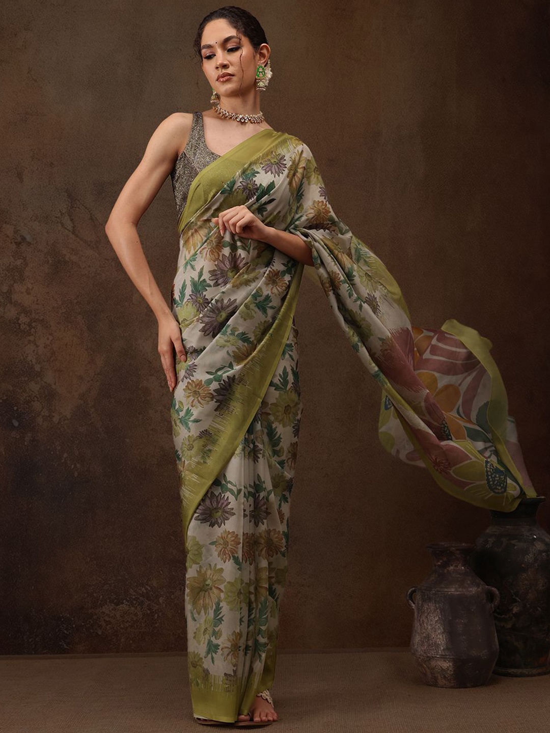 

Silk Land Floral Chanderi Cotton Digital Print Saree, Green