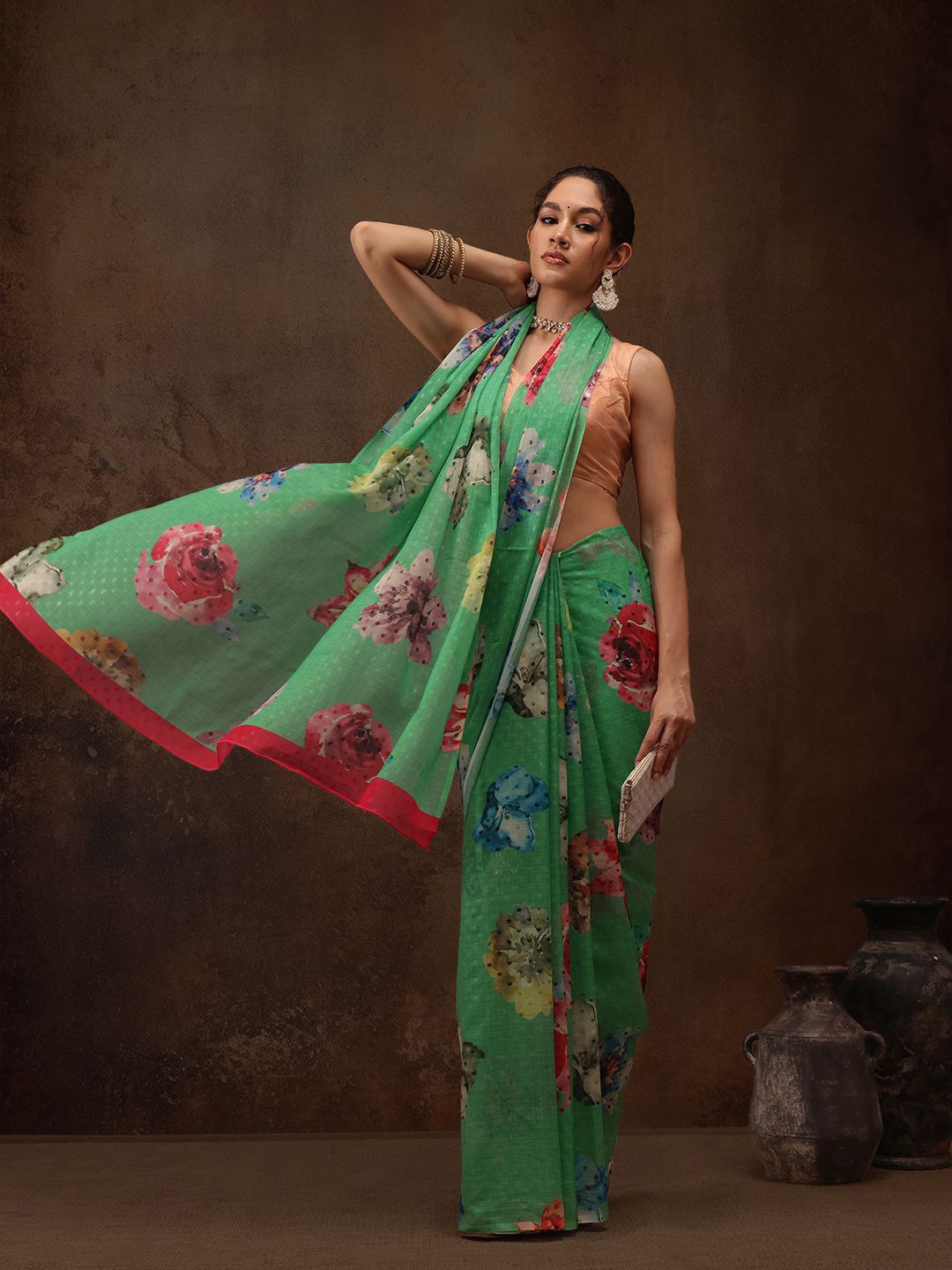 

Silk Land Chiffon Floral Digital Print Saree, Green