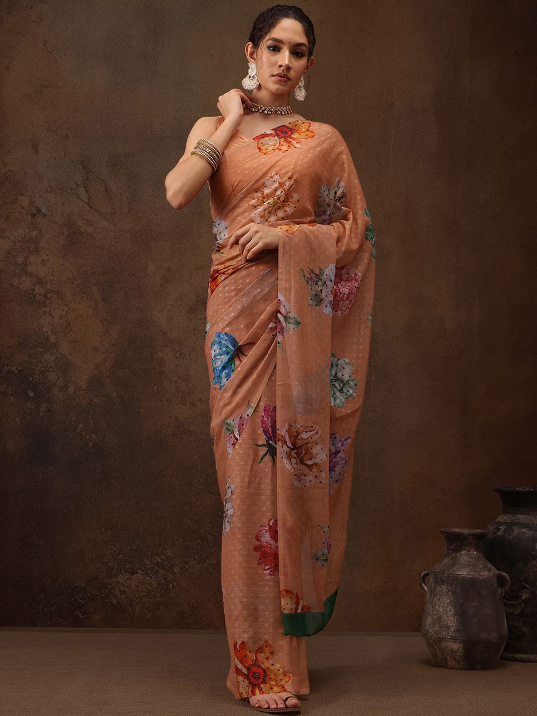 

Silk Land Floral Saree, Peach