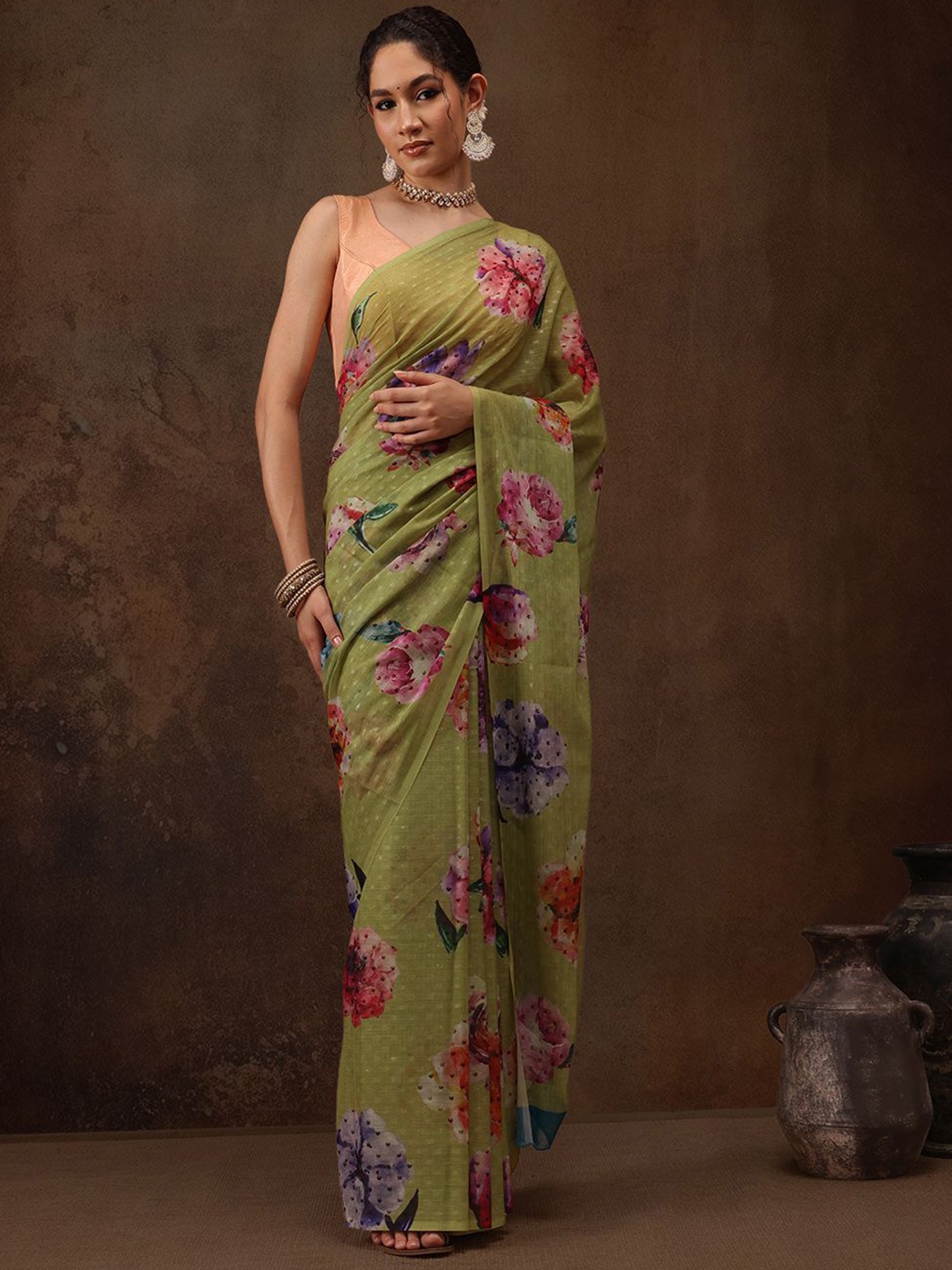 

Silk Land Chiffon Floral Digital Print Saree, Olive
