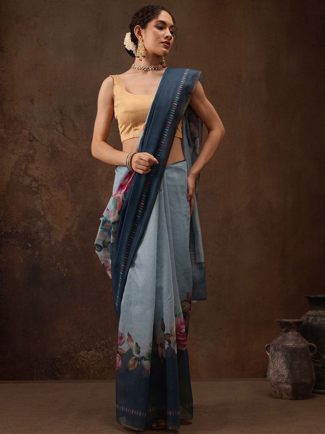

Silk Land Floral Chnaderi Cotton Digital Print Saree, Teal