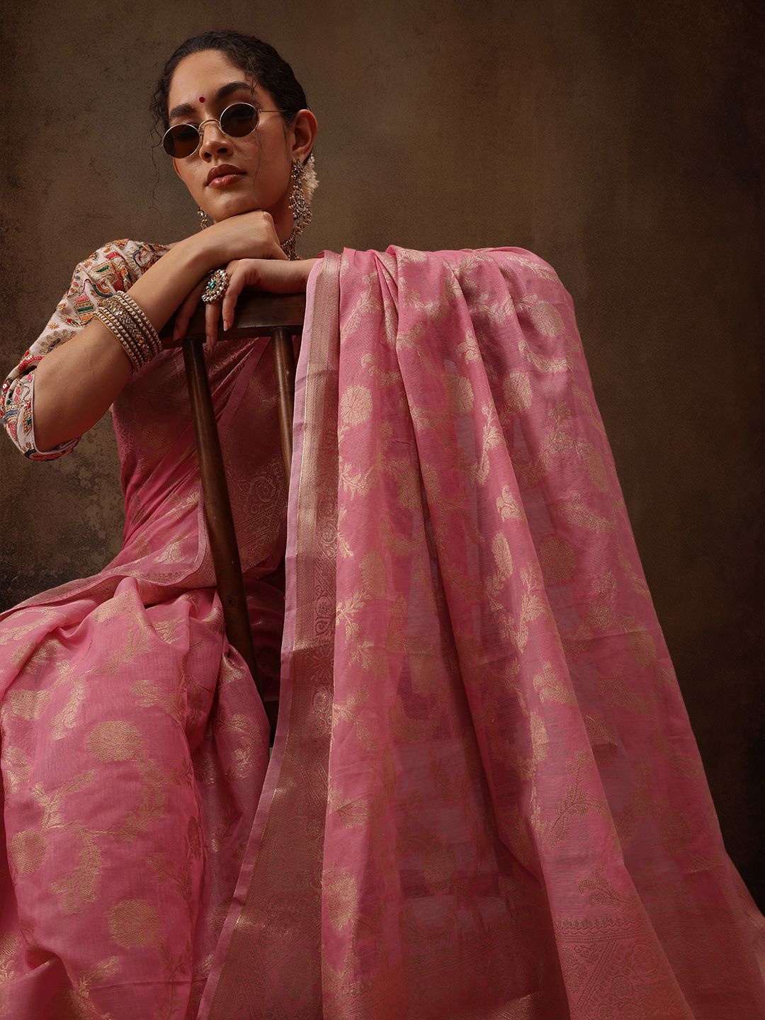 

Silk Land Ethnic Motifs Zari Banarasi Saree, Pink