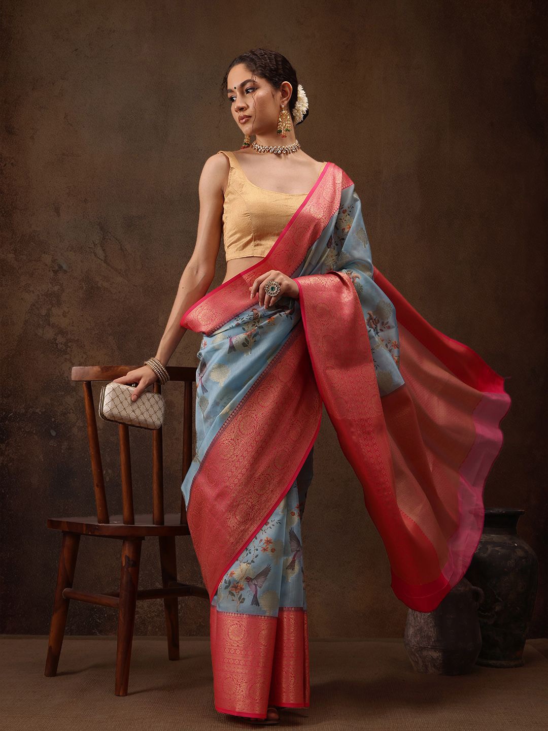 

Silk Land Woven Design Zari Chanderi Saree, Blue