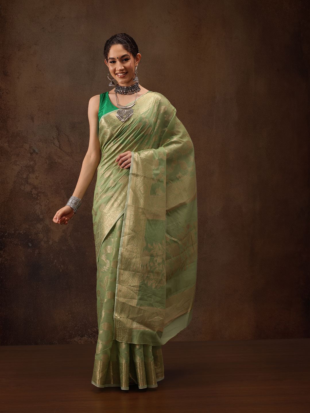

Silk Land Woven Design Zari Banarasi Saree, Green
