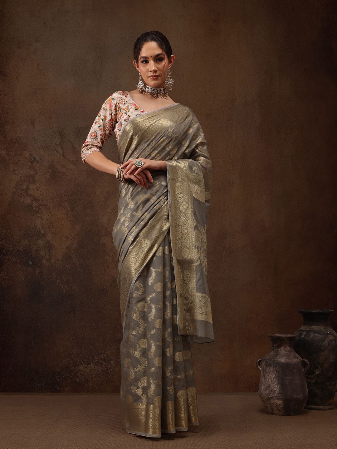 

Silk Land Ethnic Motifs Zari Banarasi Saree, Grey