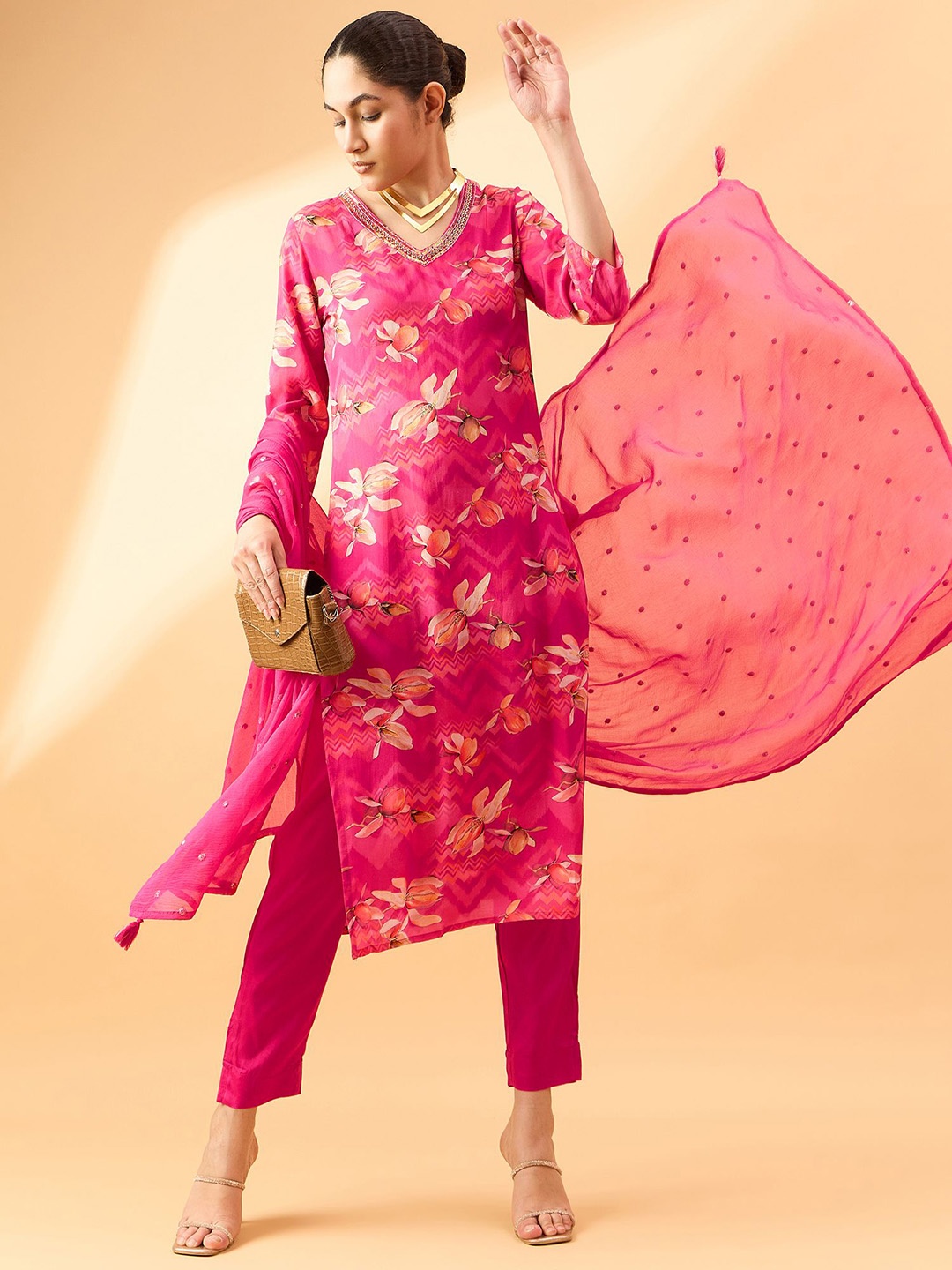 

all about you Pink Floral Printed Sequinned V-Neck Kurta with Trousers & Dupatta