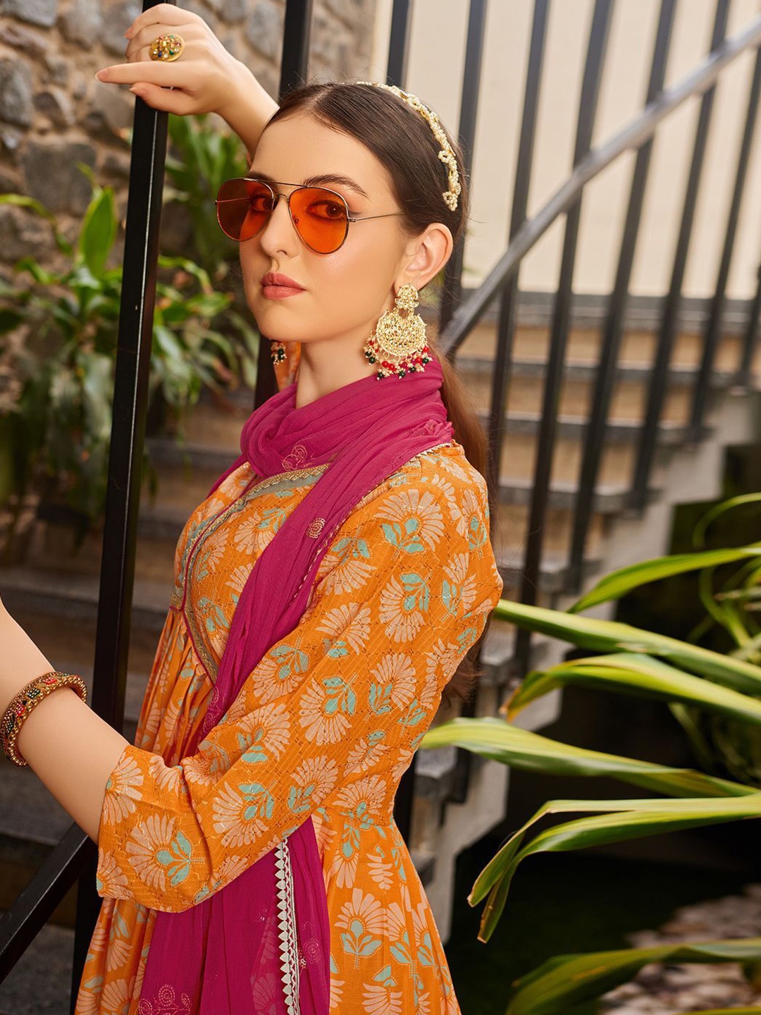 

Sangria Women's Alia Cut Gota Patti Printed Kurta Pant With Dupatta Set, Orange