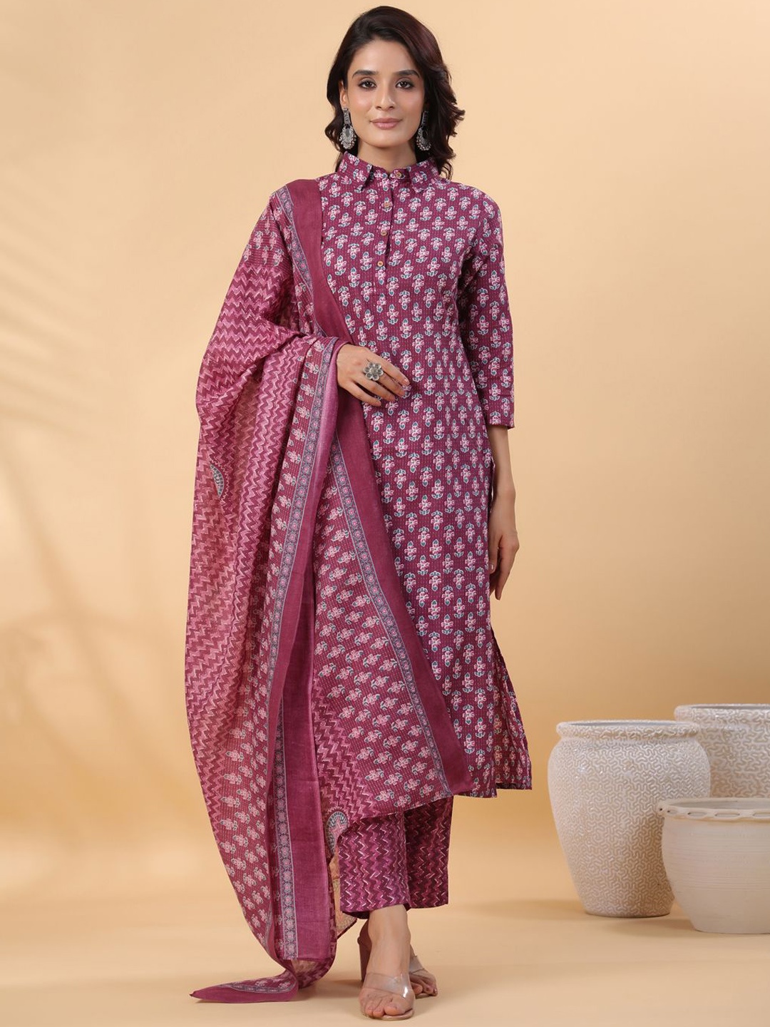 

KALINI Floral Printed Regular Pure Cotton Kurta With Trousers & Dupatta, Purple
