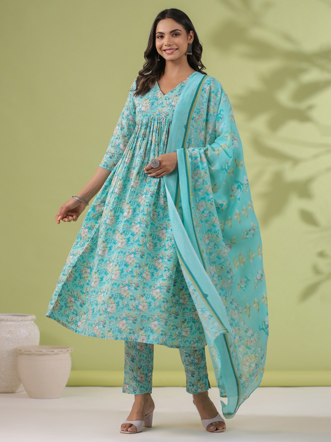 

KALINI Floral Printed V-Neck Pure Cotton Anarkali Kurta With Trousers & Dupatta, Blue