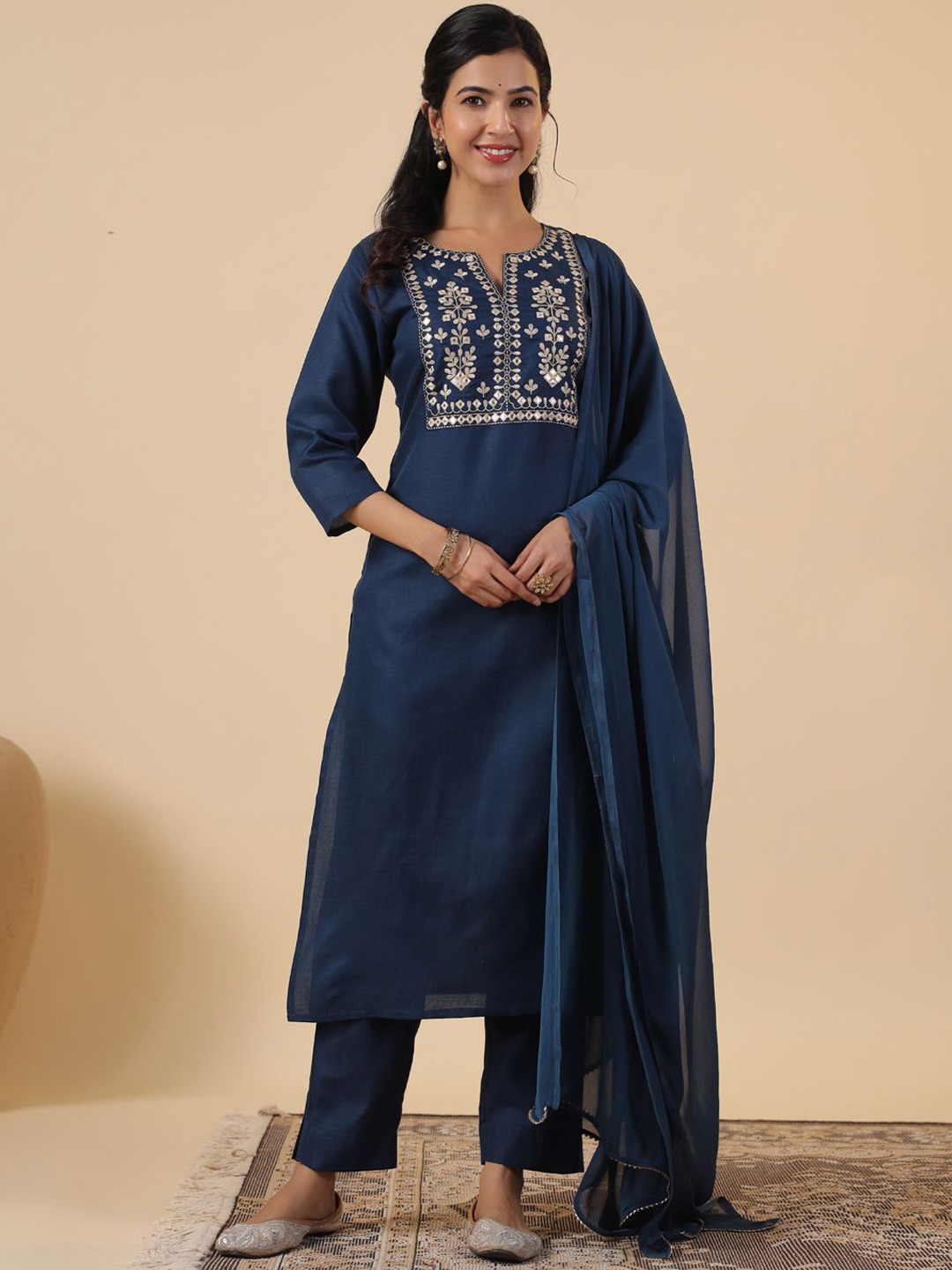 

KALINI Floral Yoke Design Regular Gotta Patti Pure Cotton Kurta With Trousers & Dupatta, Navy blue