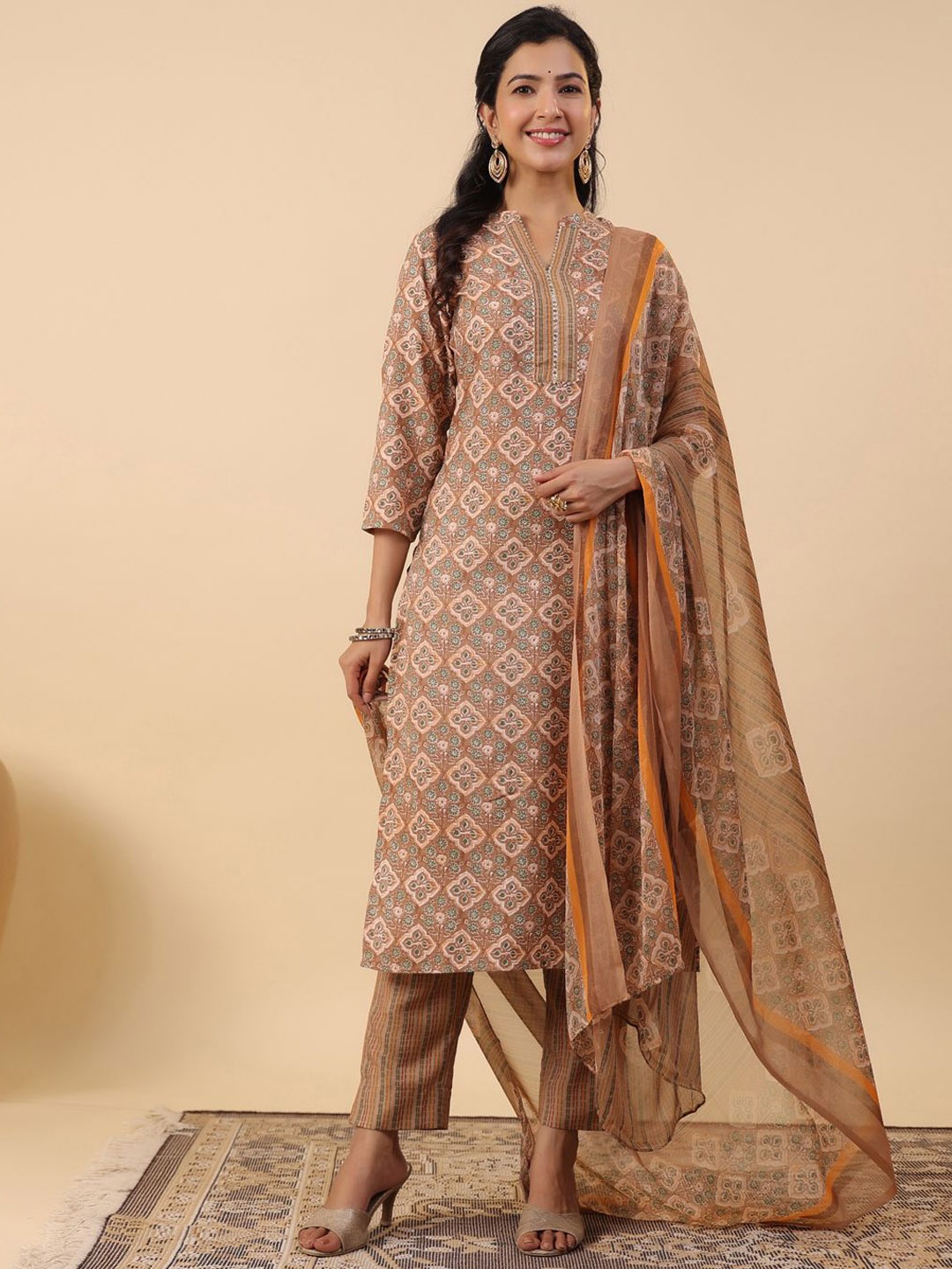 

KALINI Ethnic Motifs Printed Regular Straight Kurta With Trousers & Dupatta, Brown