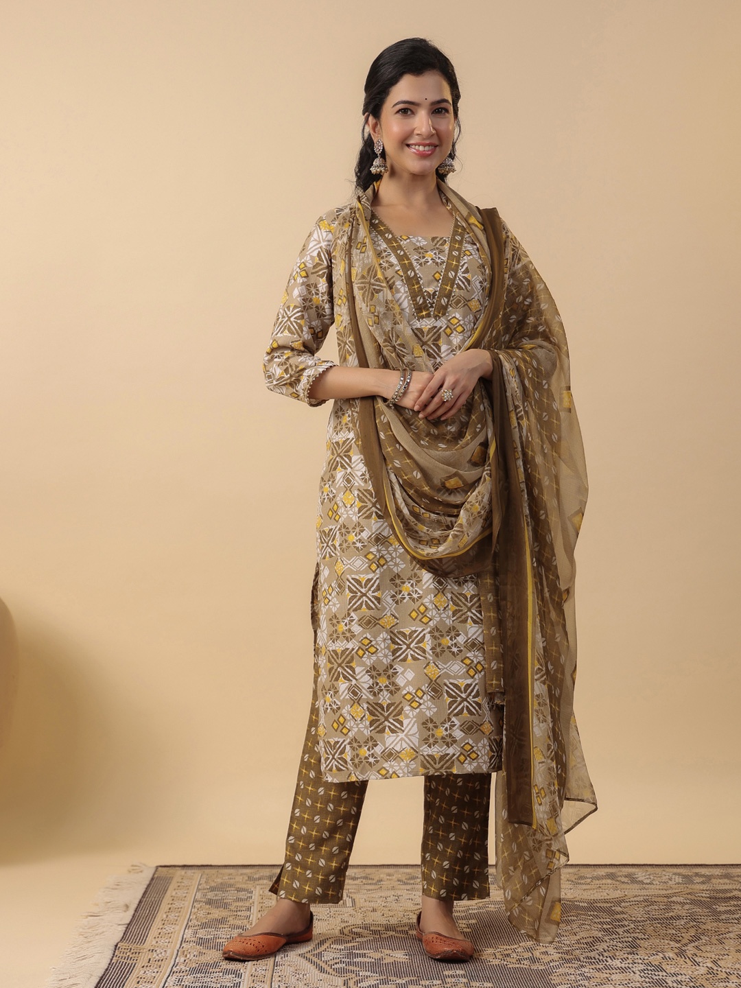 

KALINI Ethnic Motifs Printed Regular Pure Cotton Straight Kurta With Trousers & Dupatta, Brown