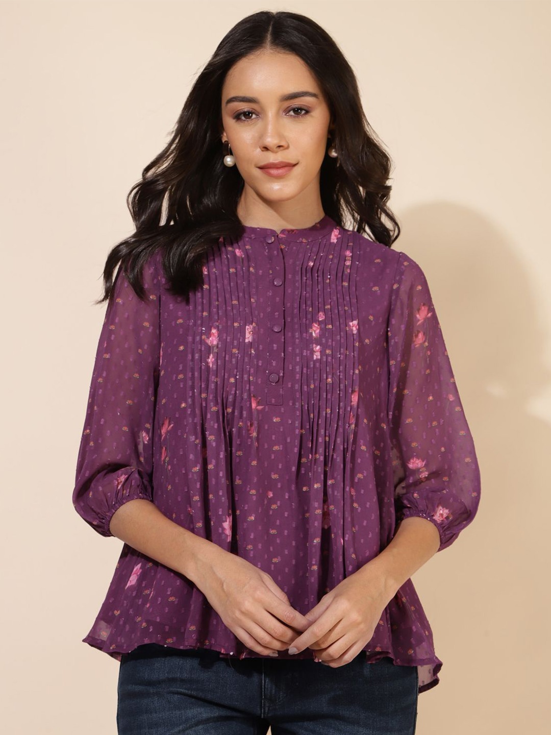 

Janasya Floral Printed Georgette A-Line Top, Purple