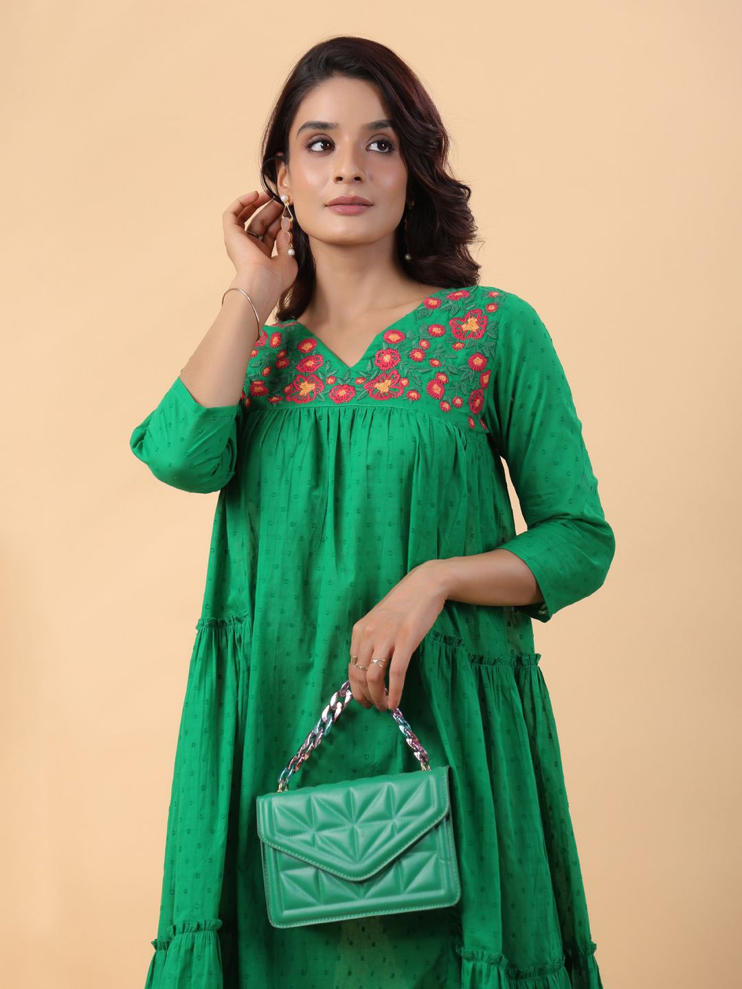 

Janasya Floral Embroidered Cotton Pleated A-Line Midi Dress, Green