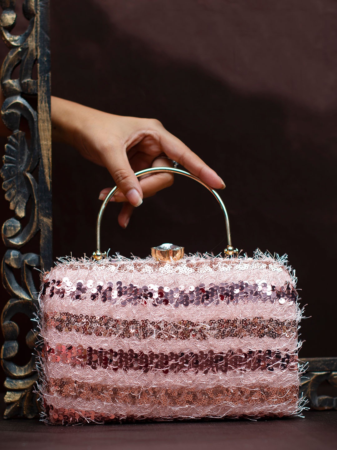 

ARTKLIM Embellished Sequinned Box Clutch, Pink