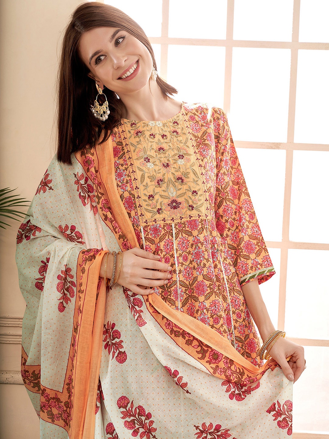 

Anouk Orange Floral Embroidered Gotta Patti Pure Cotton Kurta With Trousers & Dupatta