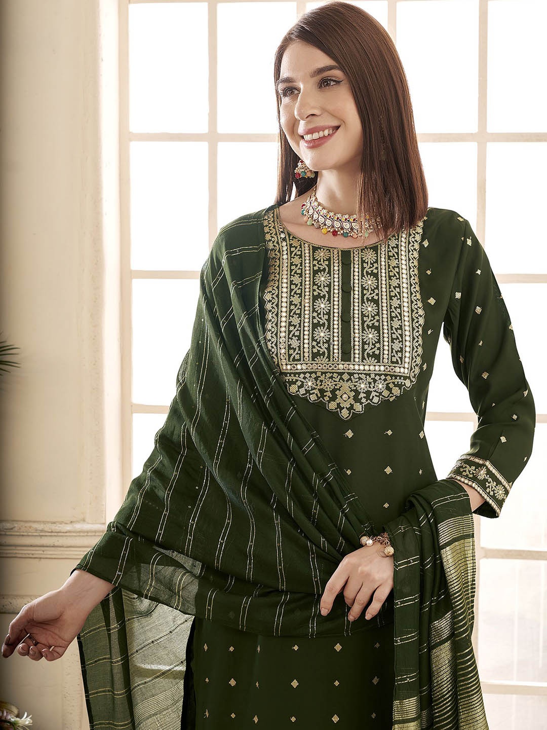 

Anouk Teal Green Floral Embroidered Straight Kurta With Trousers & Dupatta