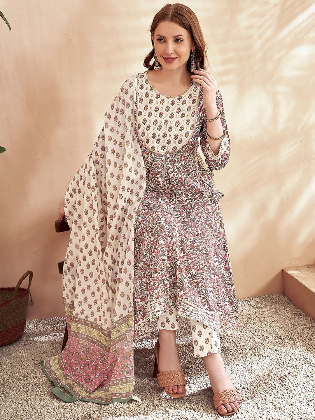 

Anouk Cream Floral Printed Mirror Work Pure Cotton Anarkali Kurta With Trousers & Dupatta