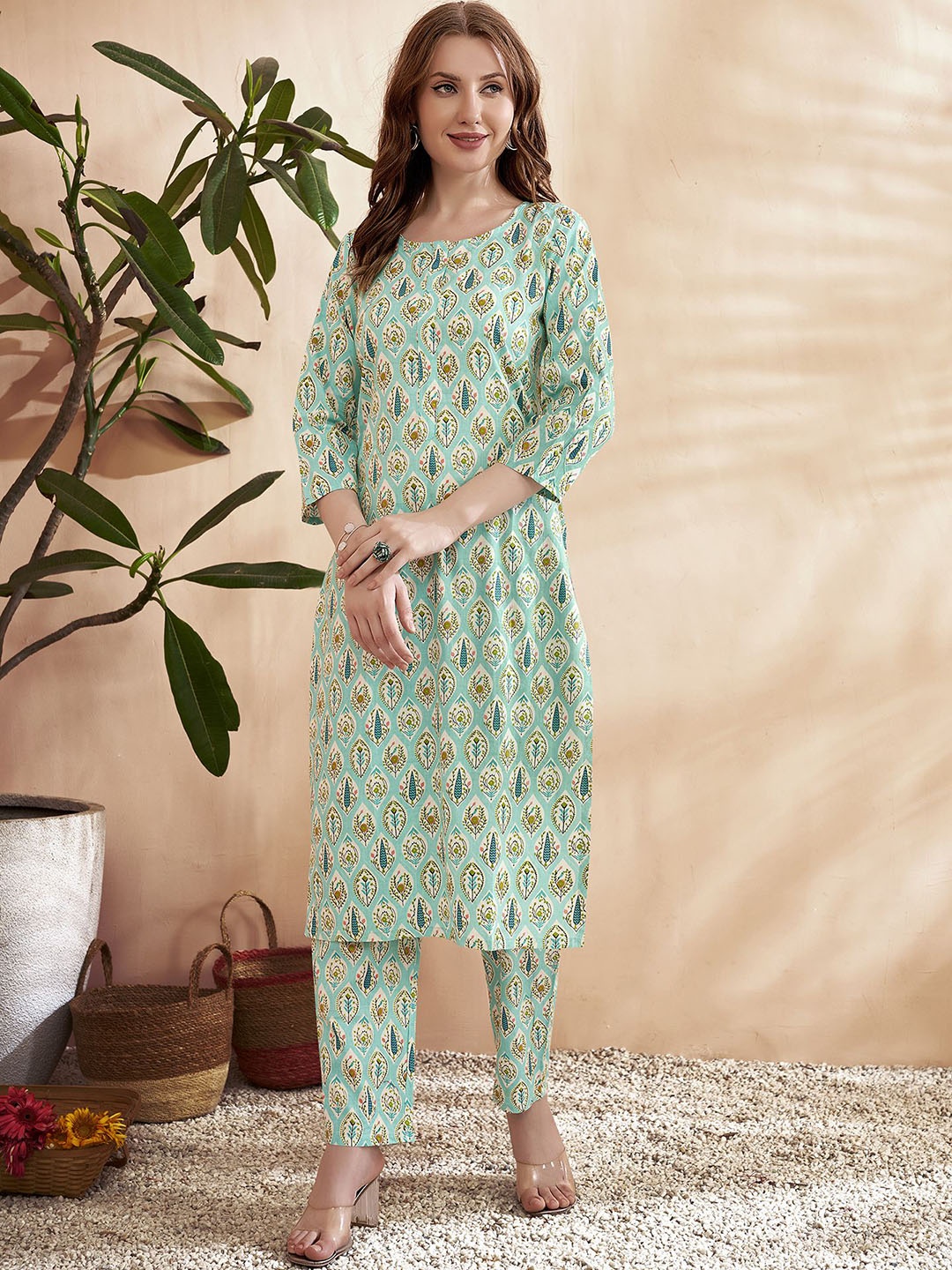 

Anouk Green Ethnic Motifs Printed Pure Cotton Straight Kurta With Trousers