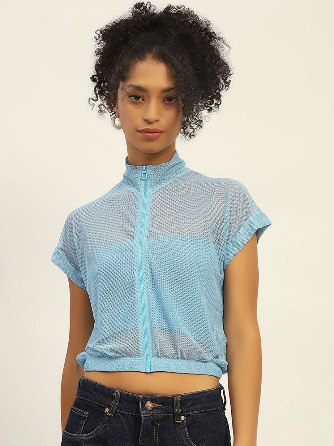 

Madame High Neck Self Design Crop Top, Blue