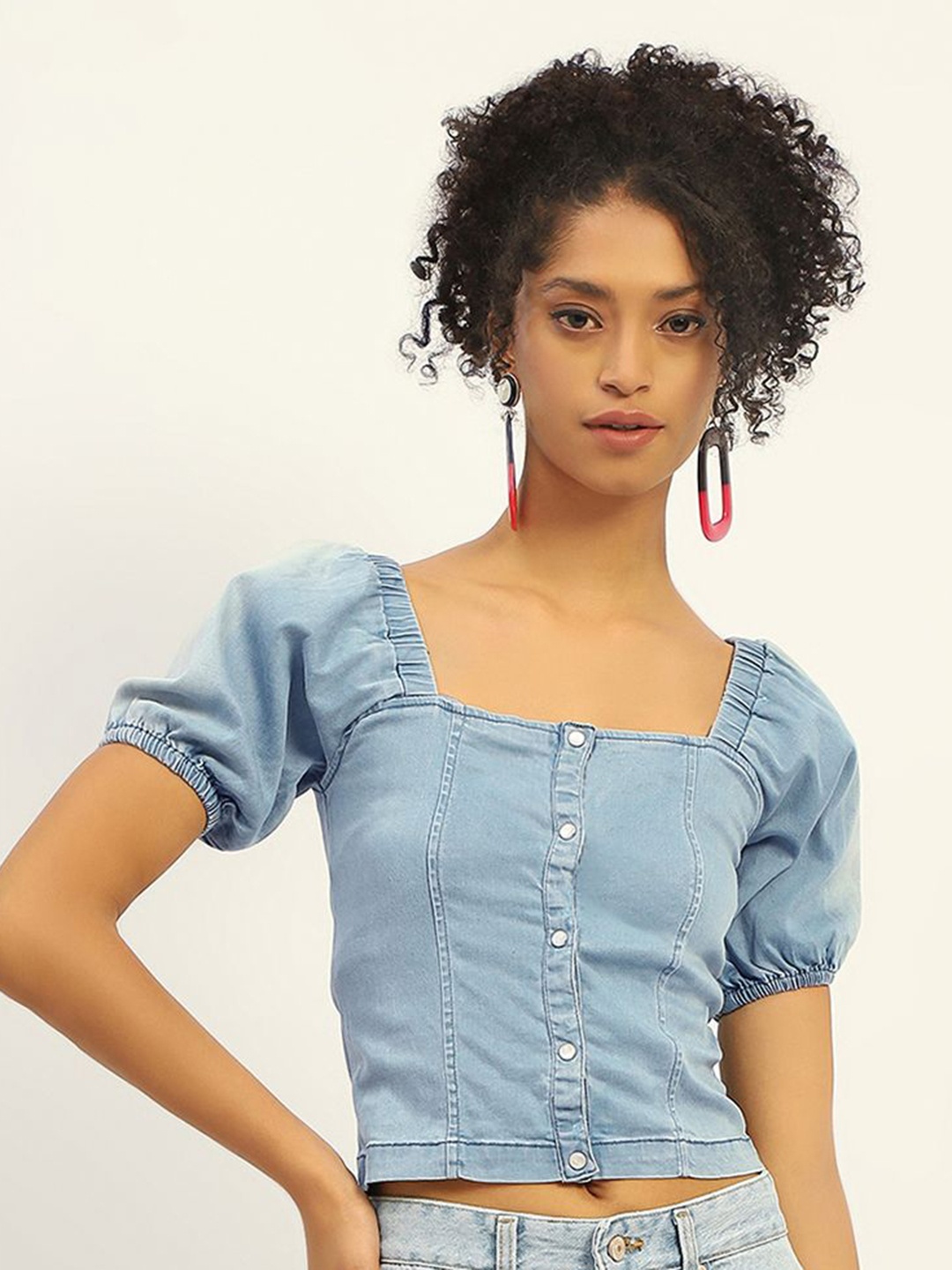 

Madame Cotton Square Neck Puff Sleeve Crop Top, Blue