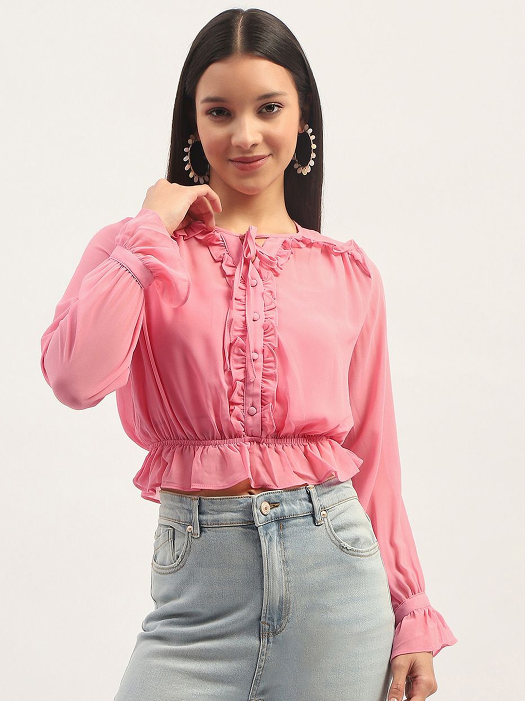 

Madame Tie-Up Neck Ruffles Cinched Waist Top, Pink