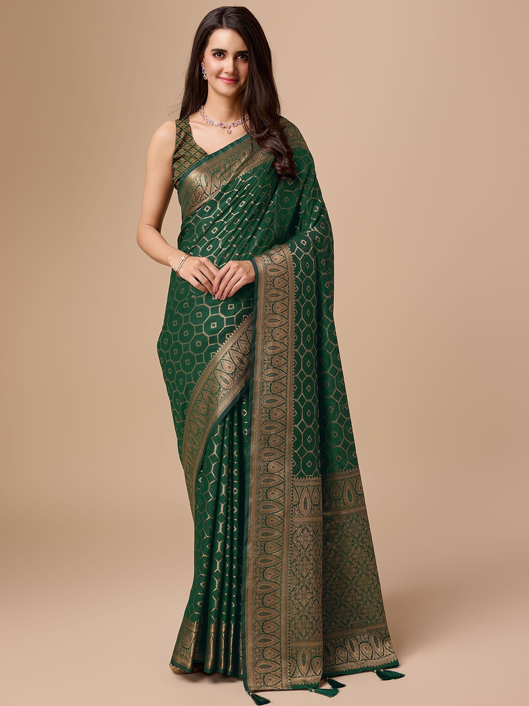 

Mitera Woven Design Zari Saree, Olive