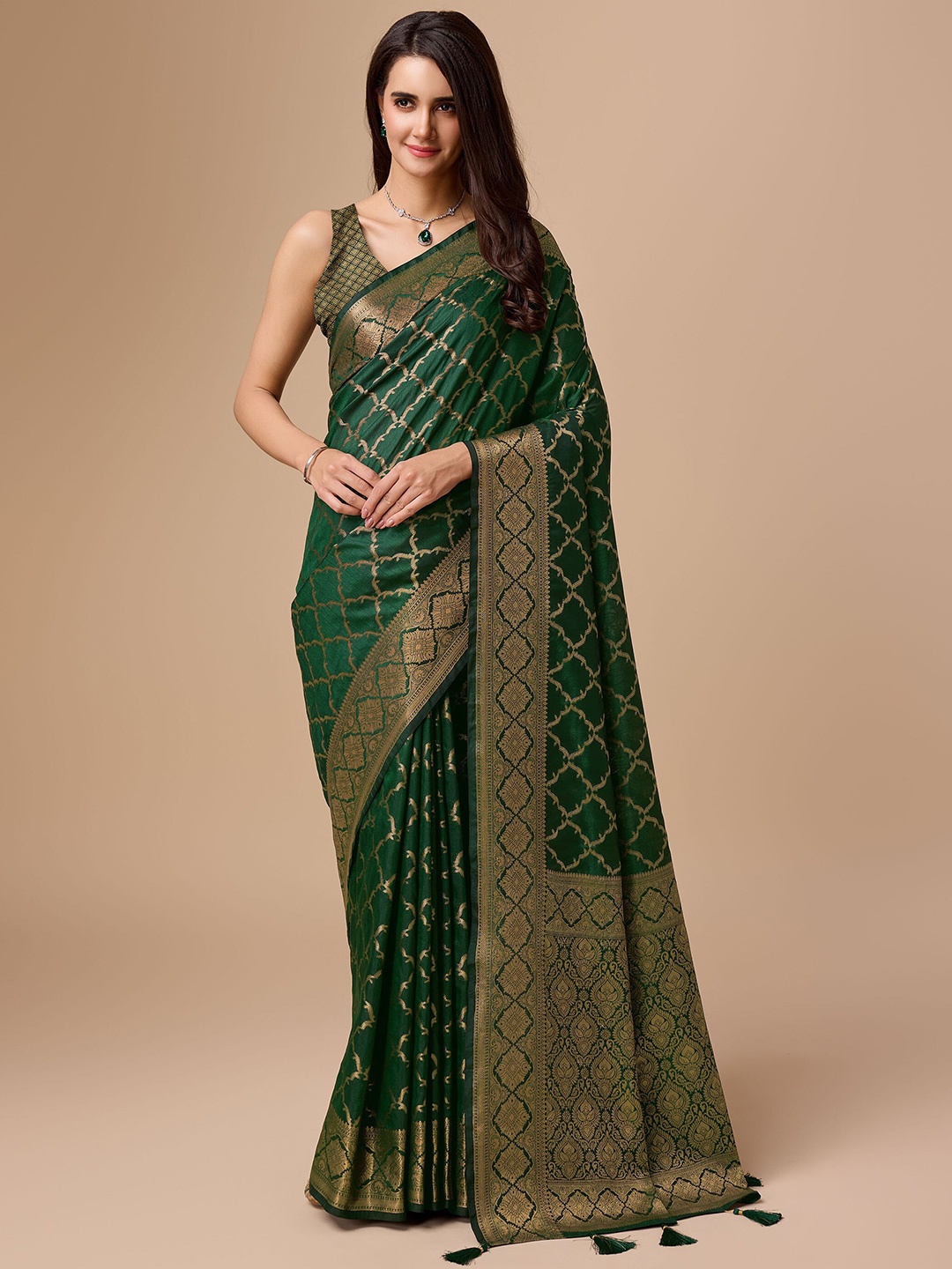 

Mitera Ethnic Motifs Woven Design Saree, Olive