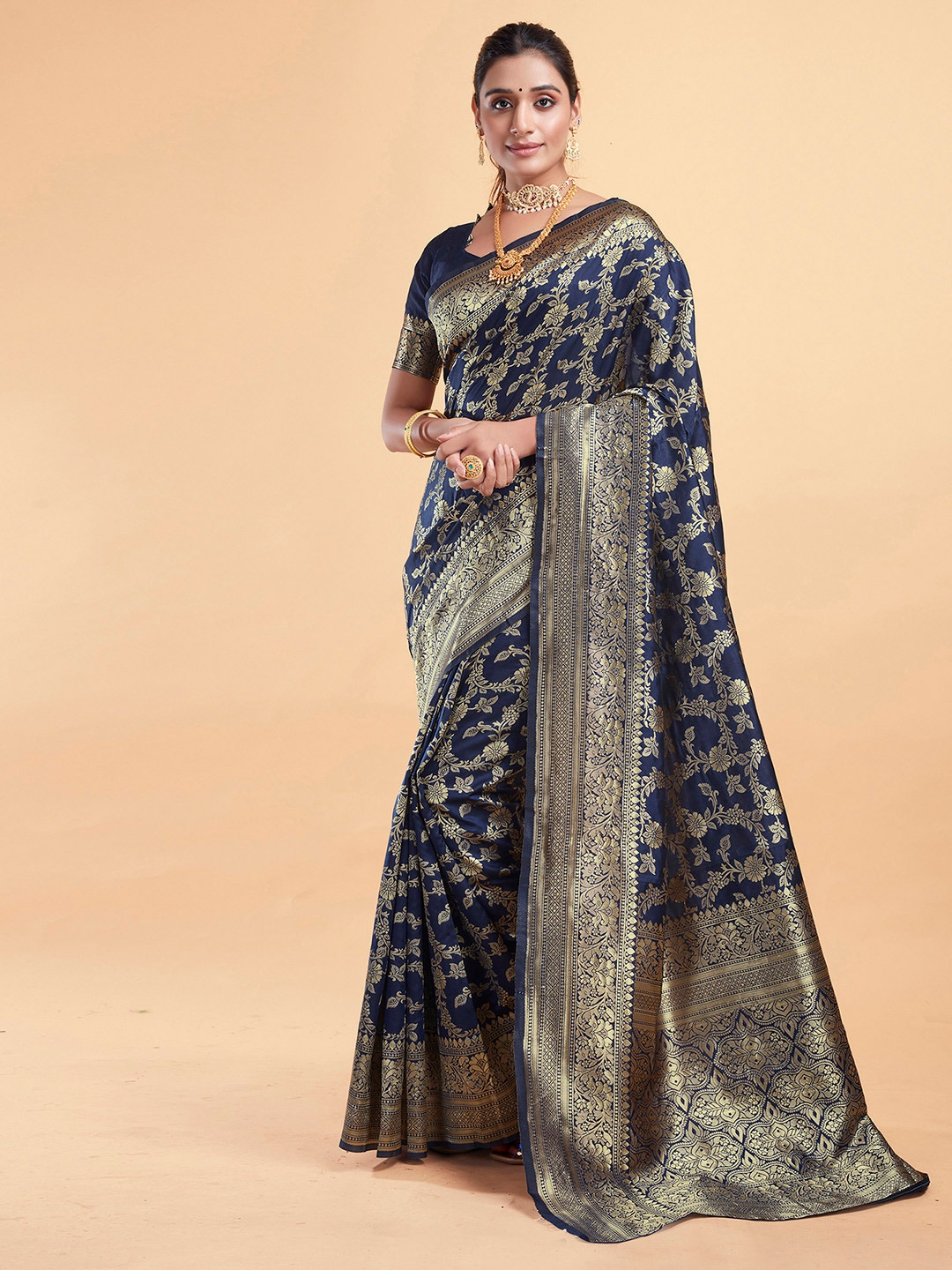 

KALINI Woven Design Zari Banarasi Saree, Navy blue