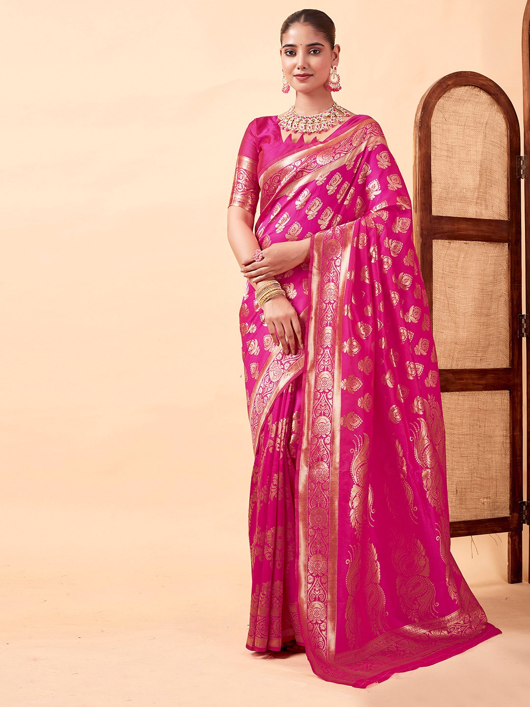 

KALINI Ethnic Motifs Zari Banarasi Saree, Pink