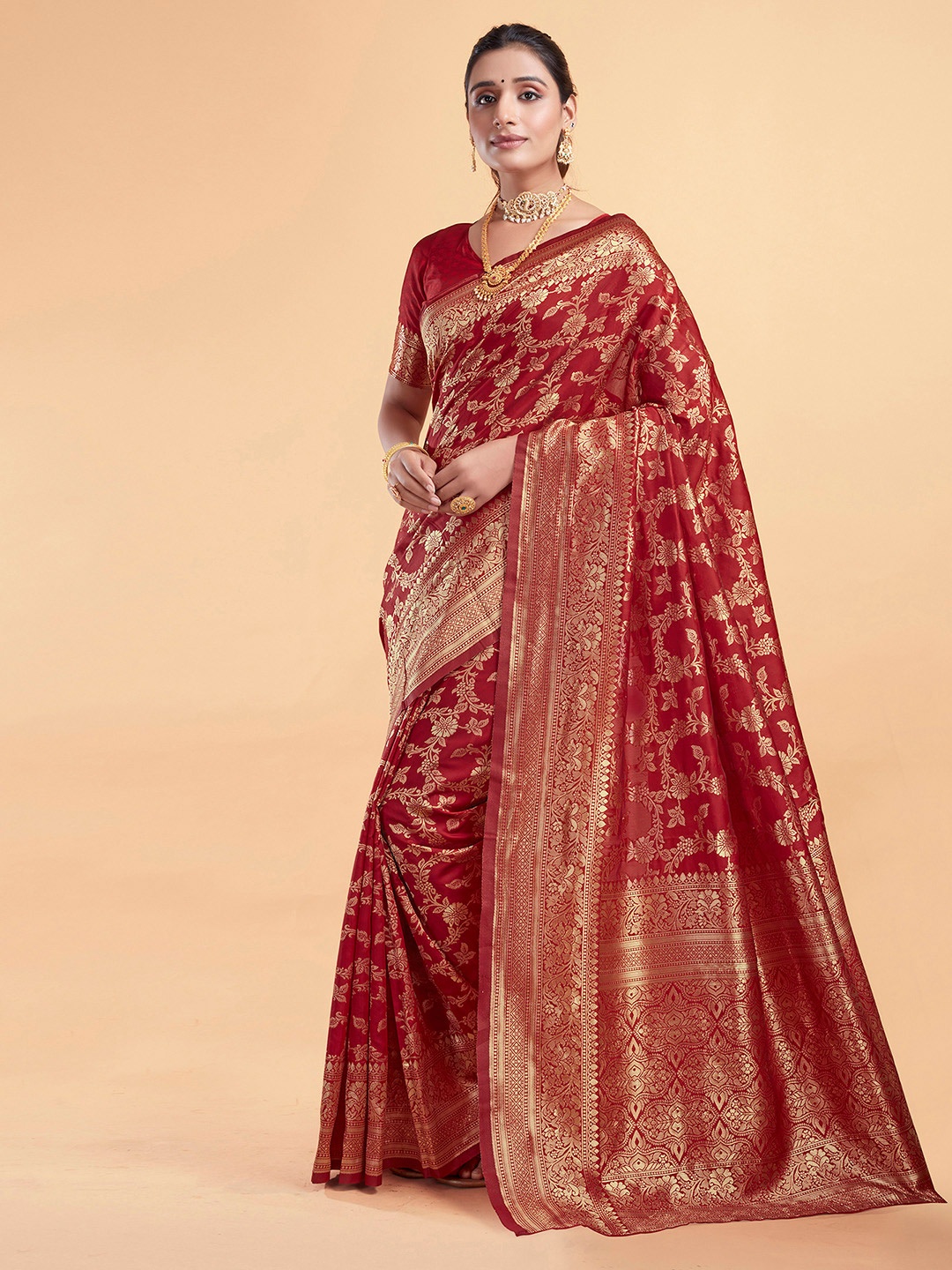 

KALINI Ethnic Motifs Zari Banarasi Saree, Red