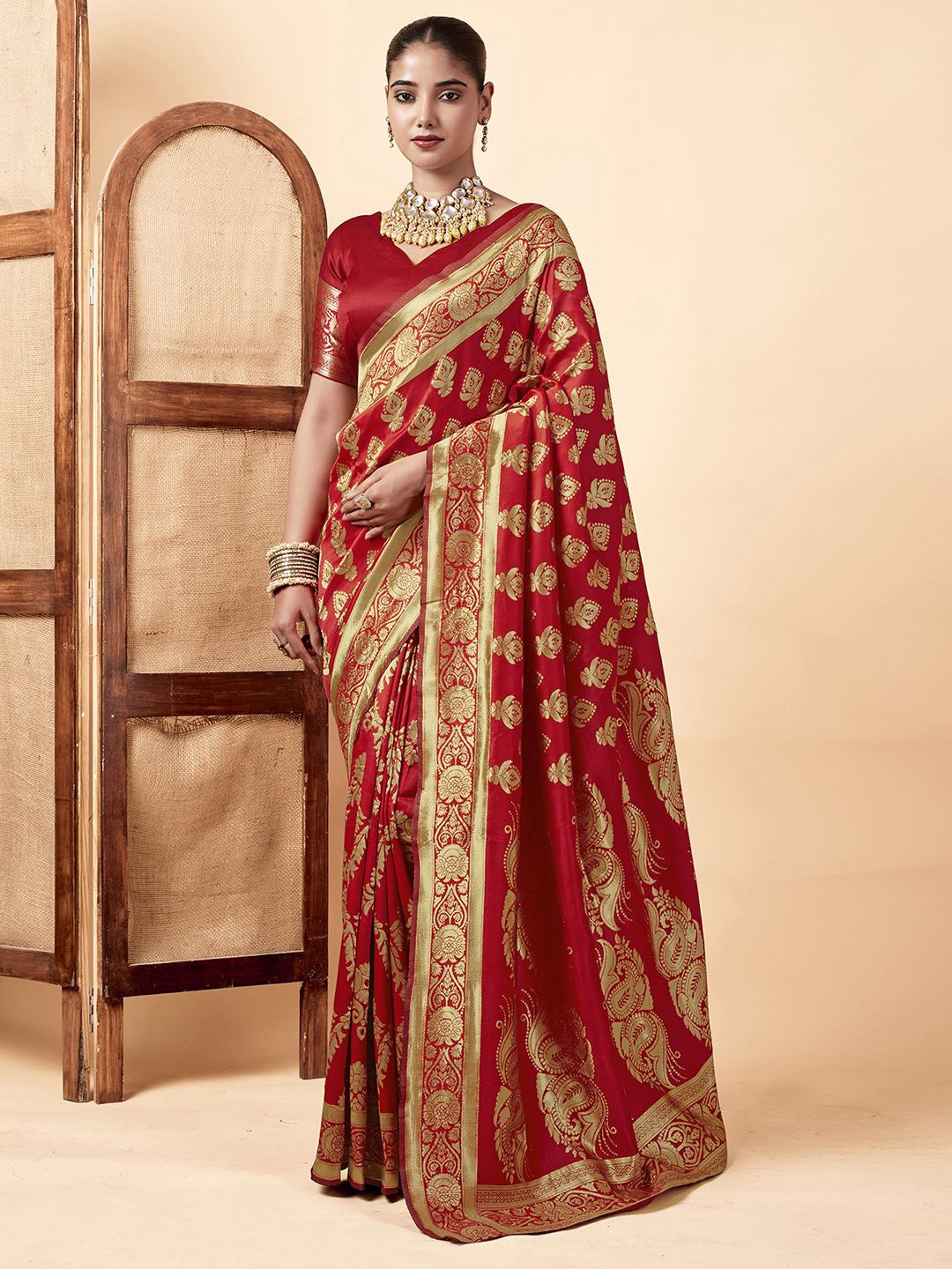 

KALINI Ethnic Motifs Zari Banarasi Saree, Red