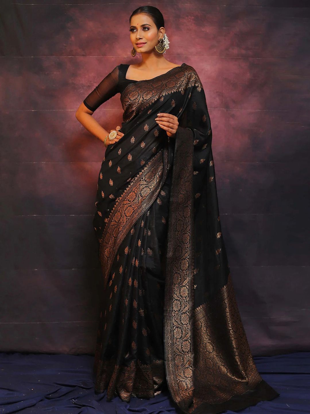 

KALINI Ethnic Motifs Zari Banarasi Saree, Black