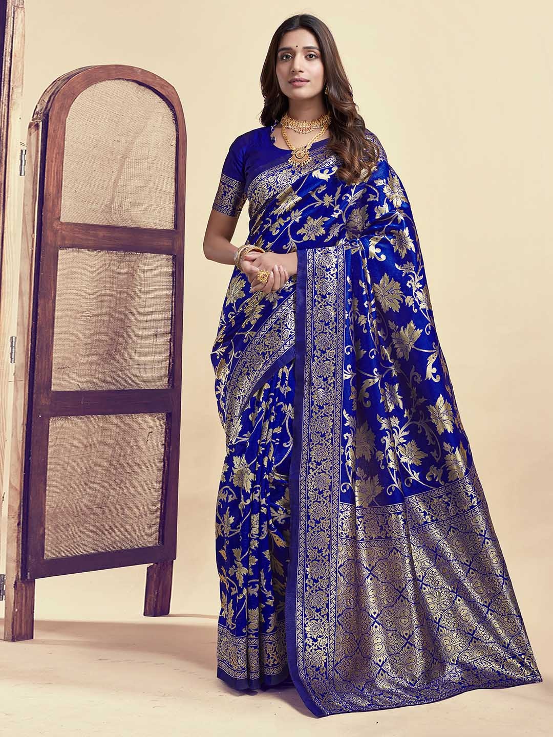 

KALINI Ethnic Motifs Zari Banarasi Saree, Navy blue