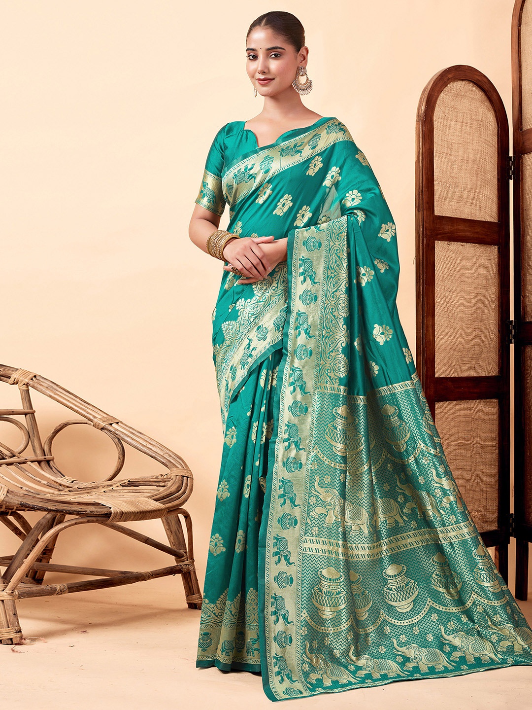 

KALINI Ethnic Motifs Banarasi Saree, Turquoise blue