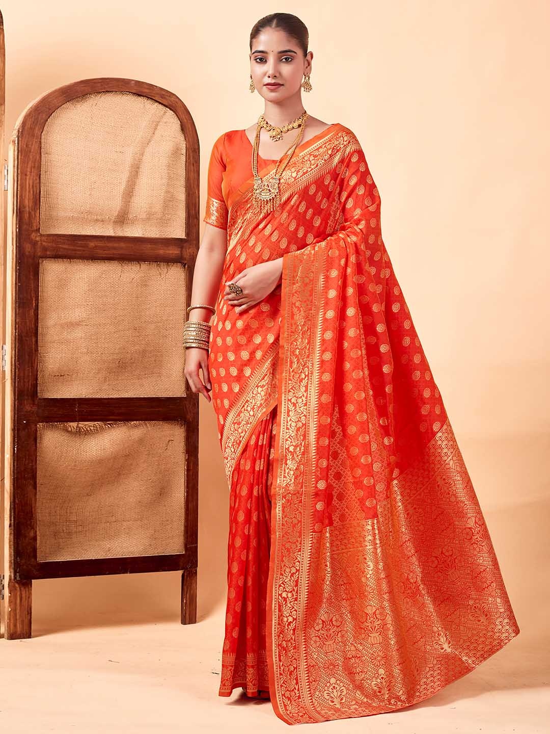 

KALINI Woven Design Zari Banarasi Saree, Orange