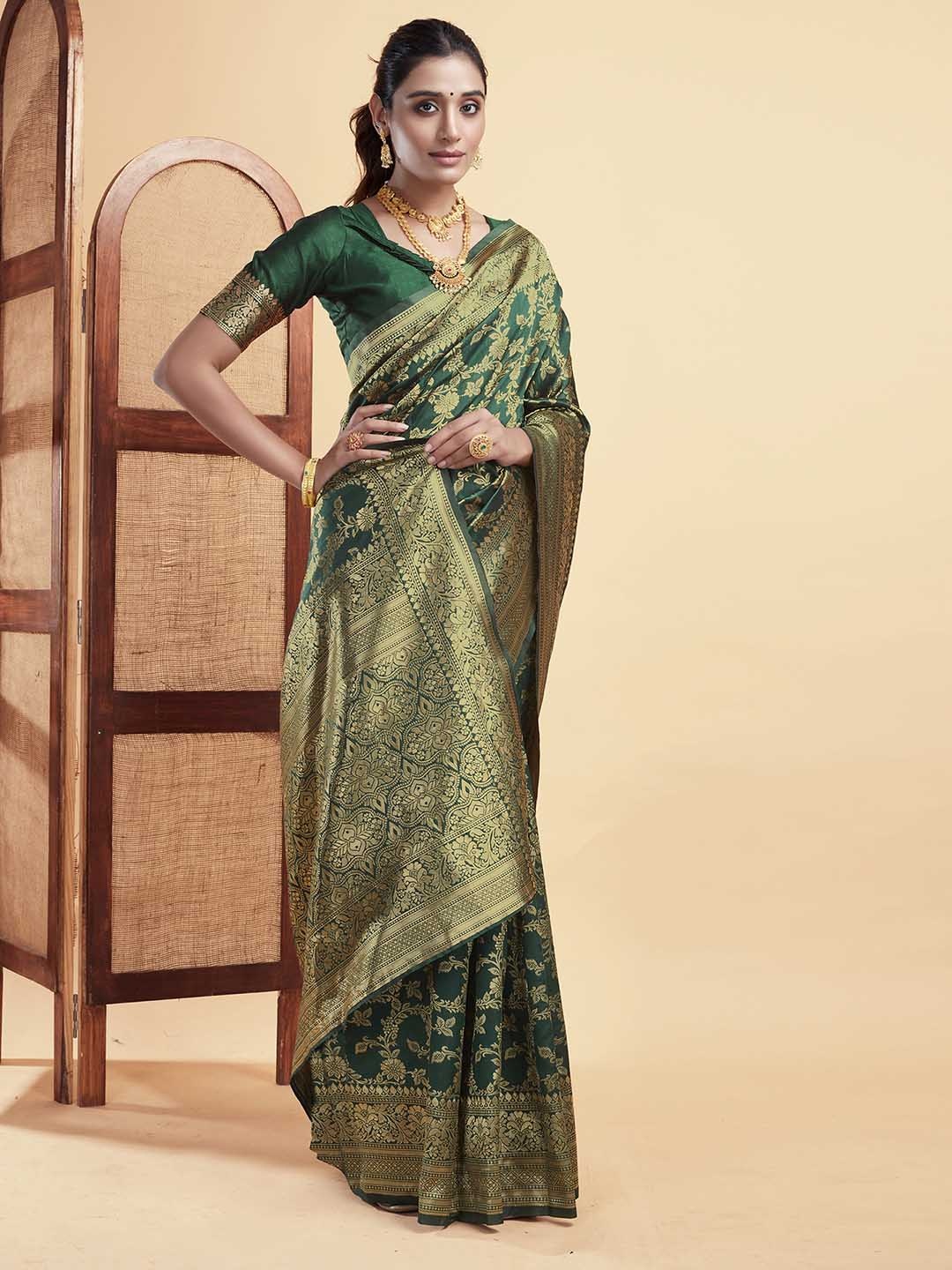 

KALINI Ethnic Motifs Zari Banarasi Saree, Green