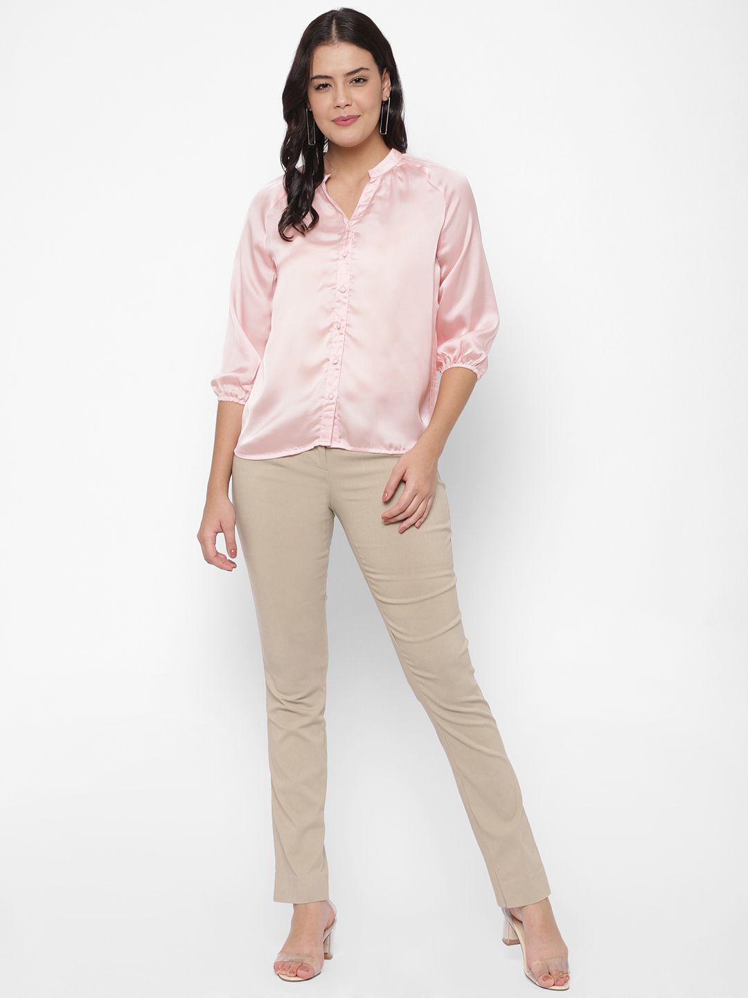 

HOUSE OF KKARMA Mandarin Collar Puff Sleeves Casual Shirt, Pink