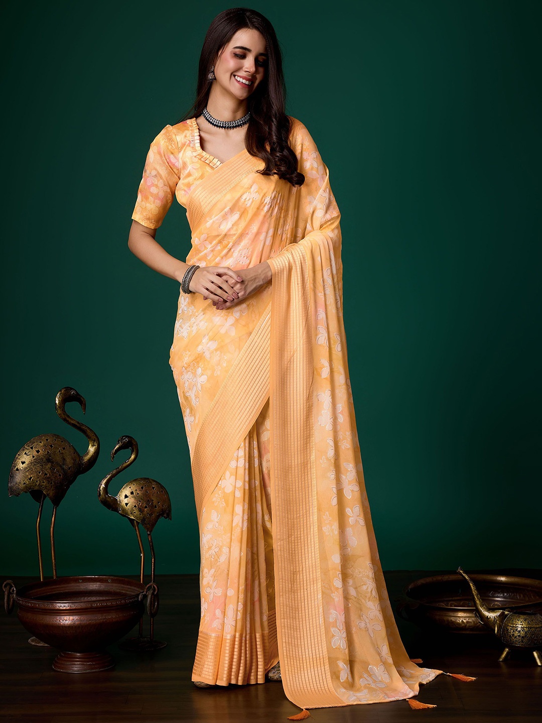 

Mitera Floral Pure Georgette Saree, Mustard