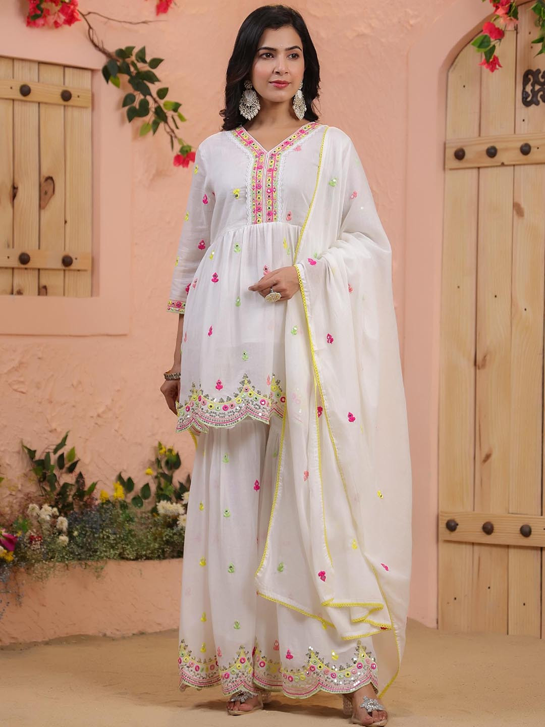 

SCAKHI Floral Embroidered Empire Thread Work Pure Cotton Kurti with Sharara & Dupatta, White