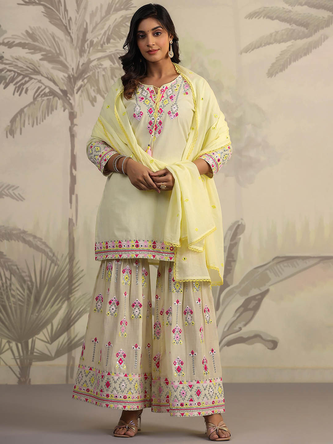 

SCAKHI Floral Embroidered Regular Mirror Work Pure Cotton Kurti with Sharara & Dupatta, Yellow