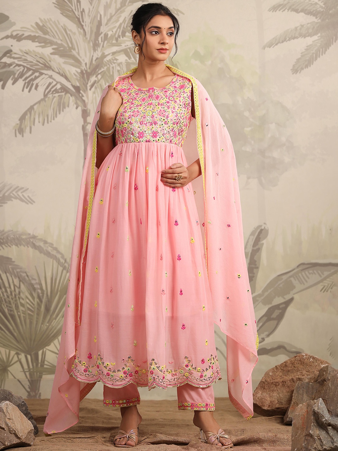 

SCAKHI Floral Embroidered Empire Mirror Work Pure Cotton Kurta with Trousers & Dupatta, Pink