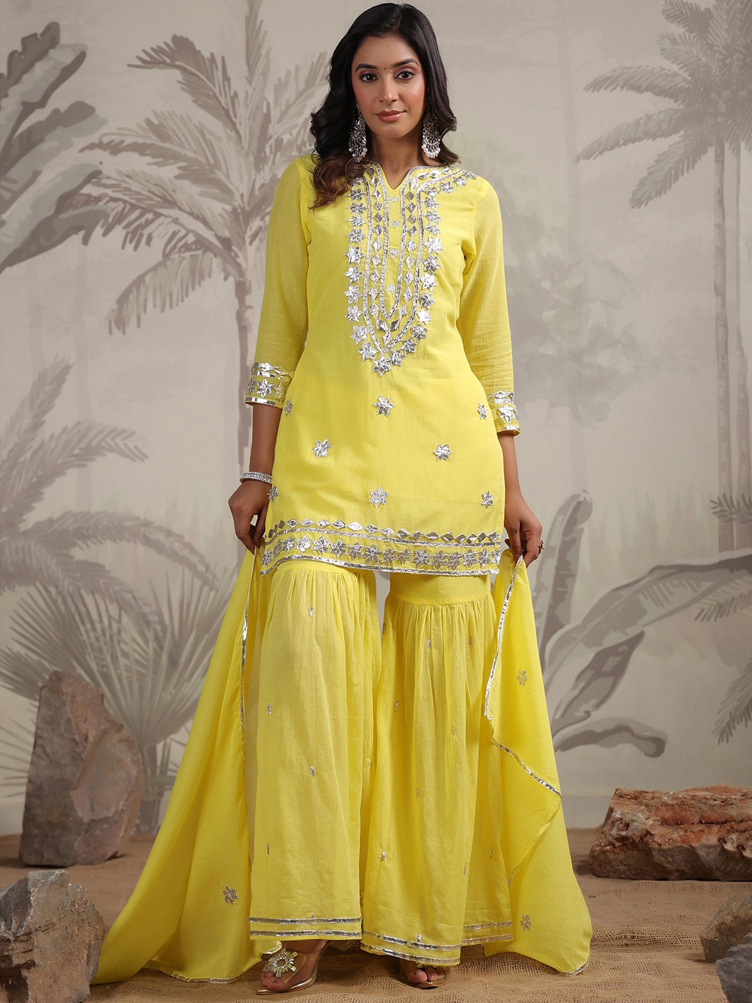 

SCAKHI Notched Neck Floral Embroidered Gotta Patti Cotton Kurta with Sharara & Dupatta, Yellow