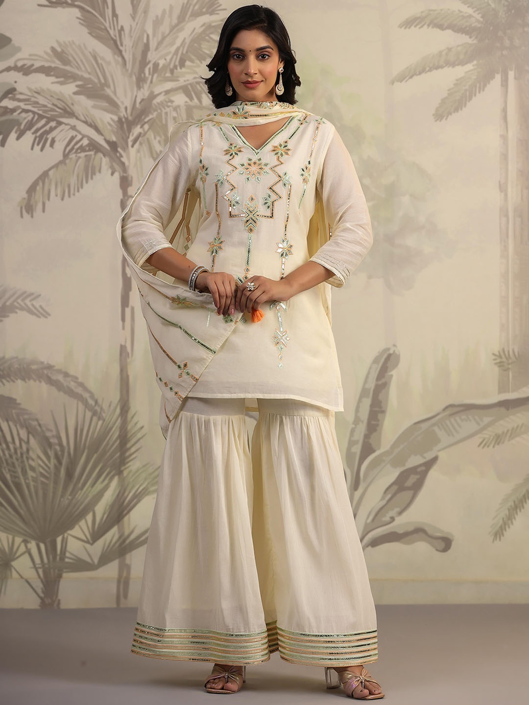 

SCAKHI Embroidered Regular Gotta Patti Pure Cotton Kurti with Sharara & Dupatta, Cream