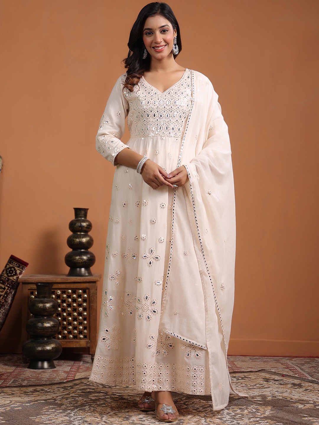 

SCAKHI Embroidered Panelled Mirror Work Pure Cotton Kurta with Trousers & Dupatta, Cream