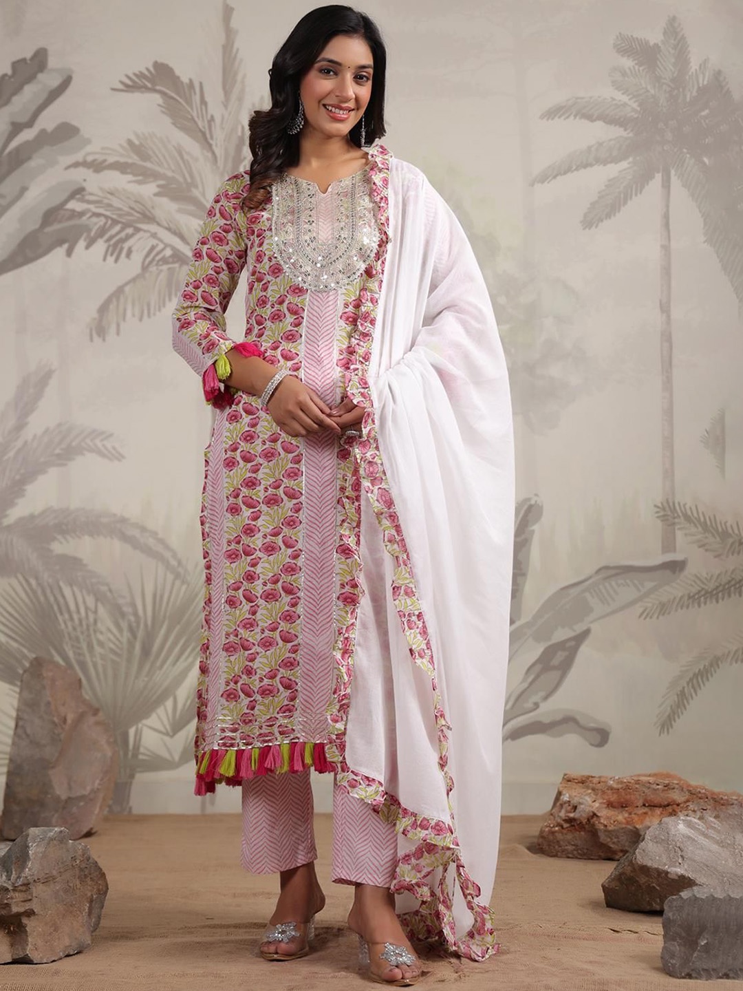 

SCAKHI Floral Printed Regular Patchwork Pure Cotton Kurta with Trousers & Dupatta, White