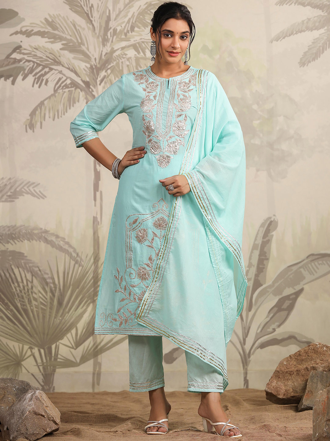 

SCAKHI Floral Embroidered Gotta Patti Pure Cotton Straight Kurta With Trousers & Dupatta, Turquoise blue