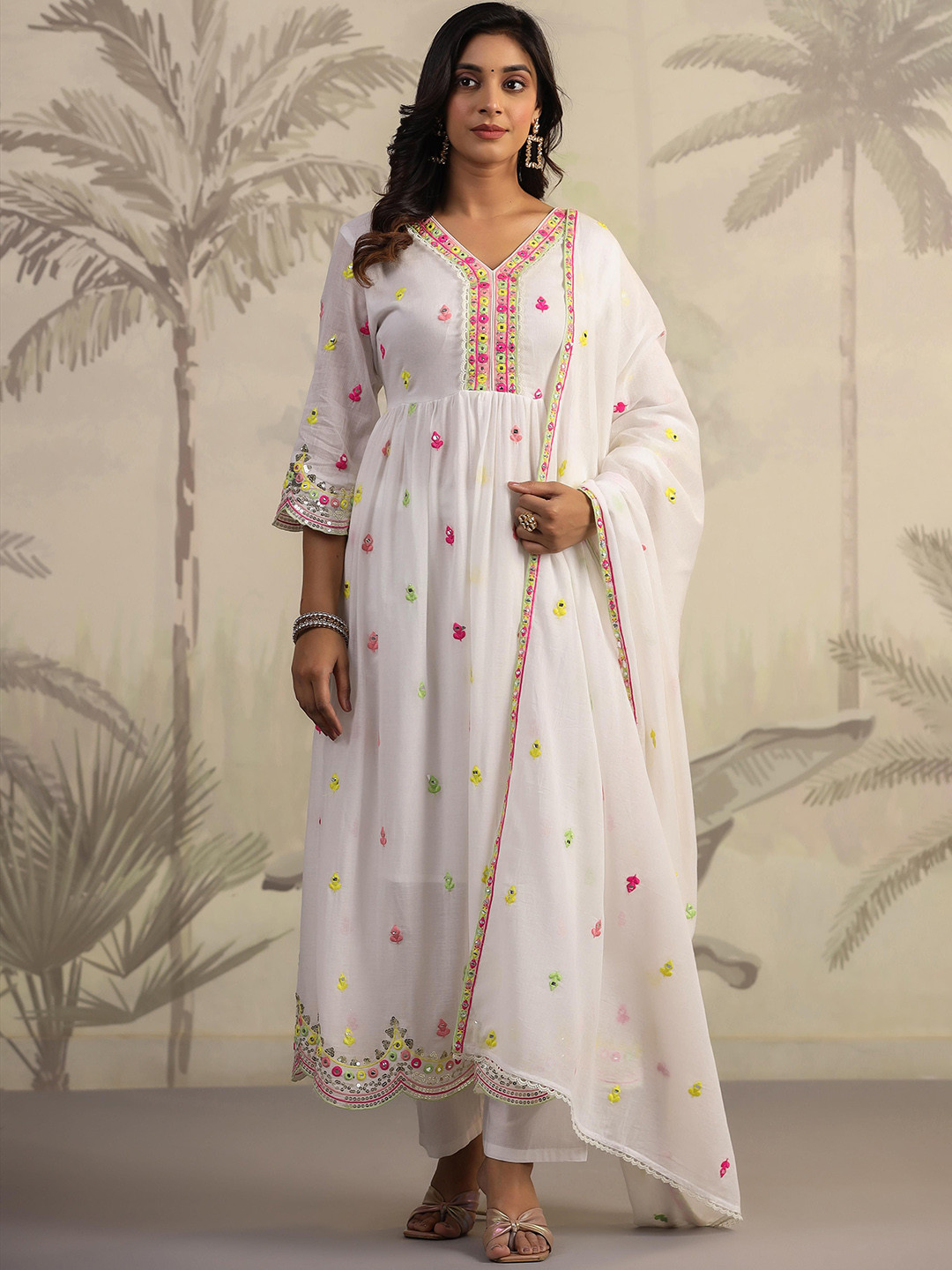

SCAKHI Floral Embroidered Empire Mirror Work Pure Cotton Kurta with Trousers & Dupatta, White