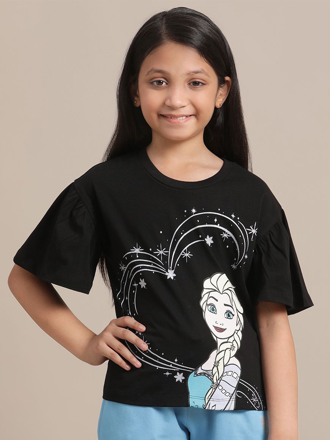 

Kids Ville Girls Frozen Printed Pure Cotton Relaxed Fit Pure Cotton T-Shirt, Black